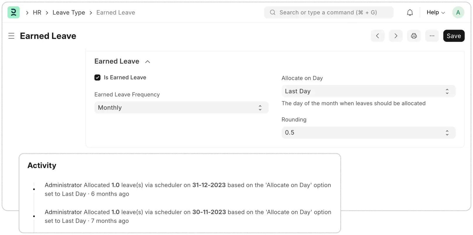 Earned Leave Configuration